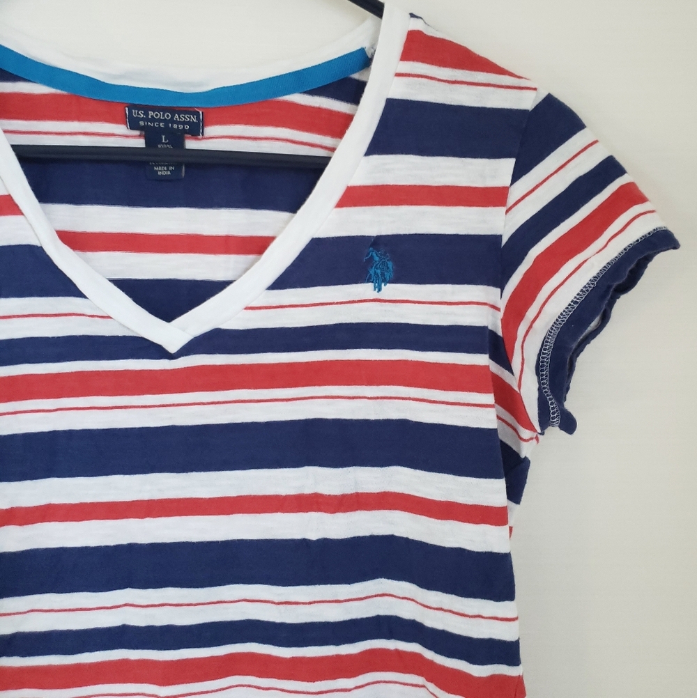 Vintage U.S. Polo Assn. Striped V-Neck Tee - Red, Navy, White Fits Like Womens S